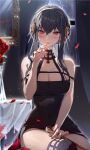  1girl absurdres bangs bare_shoulders black_dress black_hair black_legwear blood blood_on_hands blood_on_weapon blood_writing blurry blurry_background blush breasts character_name cleavage covered_navel dagger dress eyebrows_visible_through_hair falling_petals finger_to_mouth fingernails flower gold_hairband hand_on_own_thigh hand_up highres holding holding_dagger holding_weapon houkiboshi_(mmjw7432) knife large_breasts long_hair looking_at_viewer mirror off-shoulder_dress off_shoulder petals red_eyes red_flower red_lips red_nails red_rose rose rose_petals sidelocks sitting skindentation solo spikes spy_x_family tablecloth thighhighs tight tight_dress two-sided_dress vase weapon yor_briar 