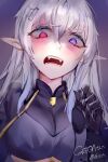  1girl black_gloves breasts cleavage commission disgust fangs gloves hand_up heterochromia indie_virtual_youtuber long_hair looking_at_viewer mile_(off8mile) open_mouth pink_eyes purple_eyes skeb_commission solo upper_body white_hair wide-eyed 