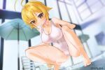  1girl ahoge artist_name bangs bare_shoulders barefoot beach_chair beach_umbrella blazblue blonde_hair blurry blurry_background blush breasts breath cameltoe cleavage collarbone commentary_request covered_navel day dutch_angle es_(xblaze) expressionless feet hair_between_eyes hands_on_own_knees hands_up highres huge_ahoge indoors large_breasts leaning_forward long_hair looking_at_viewer many_ankles nipples one-piece_swimsuit open_mouth partial_commentary pee peeing peeing_self ponytail puddle red_eyes see-through shiny shiny_hair shiny_skin sidelocks signature solo spread_legs squatting steam swimsuit twitter_username umbrella wet wet_clothes white_swimsuit window xblaze xblaze_code:_embryo 