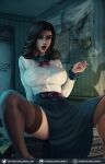  1girl arm_behind_back belt bioshock_(series) bioshock_infinite black_hair blue_eyes blue_skirt breasts cigarette collared_shirt commentary_request desk dress_shirt elizabeth_(bioshock_infinite) gumroad_logo gumroad_username hand_up highres indoors large_breasts lips lipstick long_hair long_sleeves luminyu makeup map medium_hair nail_polish neck_ribbon on_desk parted_lips patreon_logo patreon_username red_belt red_lips red_nails red_ribbon ribbon shirt signature sitting skirt sleeve_cuffs smoke solo spread_legs taut_clothes taut_shirt thighhighs twitter_logo twitter_username web_address white_shirt 