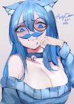  1girl artty-chan bare_shoulders bell blue_choker blue_hair blue_nails blue_sweater blue_theme blush breasts choker cleavage clenched_teeth commission disgust ears_down fake_facial_hair fake_mustache fingernails grey_background hair_between_eyes hand_up indie_virtual_youtuber jingle_bell large_breasts long_hair long_sleeves looking_at_viewer mile_(off8mile) monocle nail_polish neck_bell off-shoulder_sweater off_shoulder round_eyewear simple_background skeb_commission solo sweater teeth upper_body virtual_youtuber wide-eyed 