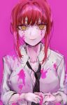  1girl absurdres black_necktie blood breasts chainsaw_man cleavage closed_mouth collared_shirt highres large_breasts long_sleeves looking_at_viewer makima_(chainsaw_man) mile_(off8mile) necktie own_hands_together pink_background pink_blood red_hair ringed_eyes shirt sidelocks smile solo upper_body white_shirt wing_collar yellow_eyes 