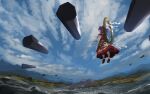  1girl cloud cloudy_sky floating lake levitation looking_back mountain onbashira purple_hair red_eyes rope shimenawa short_hair skirt sky solo touhou touhou_gouyoku_ibun ushitsuchi yasaka_kanako 