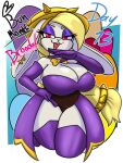  2022 anthro big_breasts blonde_hair breasts broodal cleavage clothed clothing digital_media_(artwork) english_text female hair hariet_(mario) hi_res jyto lagomorph legwear leporid mammal mario_bros nintendo rabbit solo super_mario_odyssey text thigh_highs video_games 