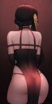  1girl artist_name ass back bare_shoulders black_dress black_hair black_panties braid dress elbow_gloves facing_away from_behind gloves gradient gradient_background hair_ornament long_hair panties rose_hair_ornament shellvi solo spy_x_family underwear yor_briar 