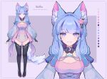  1girl absurdres animal_ear_fluff animal_ears arexu aria_vlive black_legwear blue_hair breasts character_name cleavage dress english_commentary eyebrows_visible_through_hair flower fox_ears fox_girl fox_tail hair_flower hair_ornament highres indie_virtual_youtuber long_hair medium_breasts open_hands pink_flower purple_dress purple_eyes smile tail thighhighs virtual_youtuber zoom_layer 