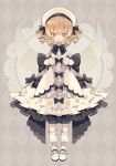  1girl argyle argyle_background blonde_hair blush dress drill_hair fairy fairy_wings frilled_dress frilled_sleeves frills full_body hair_between_eyes hat highres long_hair luna_child nikorashi-ka open_mouth pink_eyes shoes sleeves_past_fingers sleeves_past_wrists solo touhou twin_drills white_dress white_footwear white_headwear wide_sleeves wings 