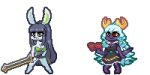  2:1 animated anthro digital_media_(artwork) dragon duo female lagomorph leporid loop magic_user mammal melee_weapon pixel_(artwork) pixel_animation rabbit short_playtime simple_background sword teddybeer0525 weapon 