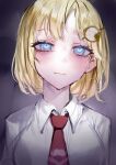  1girl absurdres blonde_hair blue_eyes blush bob_cut closed_mouth collared_shirt depressed hair_ornament highres hololive hololive_english looking_at_viewer medium_hair mile_(off8mile) necktie red_necktie shirt solo upper_body watson_amelia white_shirt wing_collar 