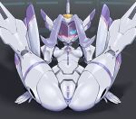  1girl anus bar_censor blush breasts censored chlorophytum closed_mouth colored_skin darling_in_the_franxx folded kneepits looking_at_viewer nipples one_eye_covered pochincoff purple_hair pussy robot small_breasts smile solo spread_legs visor white_skin 