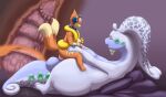  abdominal_bulge anal anal_penetration bleu_(blazingflare) blue_eyes duo fan_character feral flint_(blazingflare) floatzel fur genitals goodra hand_on_leg hand_on_stomach hand_on_thigh hi_res knot lube lying male male/male mglblaze multi_tail nintendo open_mouth orange_body orange_fur penetration penis pillow pok&eacute;mon pok&eacute;mon_(species) purple_body sex sitting_on_penis size_difference slightly_chubby slime smaller_penetrated video_games xray_view 