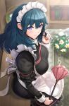  1girl alternate_costume apron ass bangs black_dress blue_eyes blue_hair blush breasts byleth_(fire_emblem) byleth_(fire_emblem)_(female) commentary_request dress duster enmaided eyebrows_visible_through_hair fire_emblem fire_emblem:_three_houses flower gonzarez hair_between_eyes highres indoors large_breasts long_hair long_sleeves looking_at_viewer maid maid_headdress sitting solo white_apron white_flower 