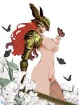  1girl amputee armor breasts bronyangg brown_butterfly bug butterfly covered_eyes elden_ring female_pubic_hair flower from_side helmet helmet_over_eyes highres katana large_breasts long_hair malenia_blade_of_miquella malenia_goddess_of_rot navel nipples nude parted_lips prosthesis prosthetic_arm prosthetic_leg pubic_hair red_hair solo sword triple_amputee twitter_username weapon white_background winged_helmet 