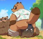  2020 absurd_res animal_crossing anthro barazoku belly black_nose brown_body brown_fur butt canid canine clothing cloud detailed_background facesitting fur group hi_res hisashino kemono male mammal nintendo outside overweight overweight_male plant raccoon_dog shirt simple_background sitting tanuki timmy_nook tom_nook_(animal_crossing) tommy_nook topwear tree ursid video_games 