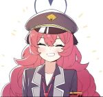  1girl armband billbung black_shirt blue_archive blush closed_eyes collarbone grin halo hat iroha_(blue_archive) jacket korean_commentary military military_hat military_uniform necktie red_hair red_necktie safety_pin shirt simple_background smile solo uniform 