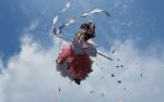  1girl brown_hair cloud cloudy_sky floating from_side gohei hakurei_reimu japanese_clothes looking_ahead miko red_eyes red_ribbon ribbon skirt sky solo stick touhou ushitsuchi 