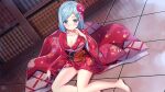  1girl artwhirl_mahou_gakuen_no_otome-tachi bangs bare_legs barefoot blue_eyes blue_hair blush bookshelf breasts cleavage closed_mouth collarbone floral_print flower game_cg hair_flower hair_ornament hairclip hakuishi_aoi indoors japanese_clothes kimono long_hair long_sleeves parted_bangs print_kimono red_flower red_kimono shiny shiny_hair sitting small_breasts solo wide_sleeves wisteria_(artwhirl) yukata 