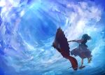  1girl absurdres blue_hair cloud from_behind geta highres one-eyed purple_umbrella short_hair skirt sky solo standing standing_on_liquid standing_on_one_leg tatara_kogasa tongue tongue_out touhou umbrella ushitsuchi water 