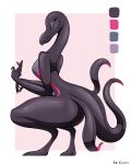  absurd_res anthro arttukorppu biped black_body black_eyes black_scales breasts butt crouching female hi_res looking_at_viewer nintendo nude pok&eacute;mon pok&eacute;mon_(species) purple_sclera salazzle scales scalie simple_background smile solo thick_thighs video_games 