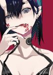  1girl :p bangs bare_shoulders black_nails blood blood_on_face bob_cut collarbone ear_piercing earrings fate/grand_order fate_(series) finger_to_mouth grey_eyes highres horns jewelry licking_lips looking_at_viewer oni oni_horns piercing pointy_ears polka_dot_hair portrait purple_hair red_background san_(harutuki_3) short_eyebrows short_hair shuten_douji_(fate) simple_background skin-covered_horns solo tongue tongue_out 