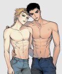  2boys abs black_hair blonde_hair blue_eyes braid braided_ponytail denim giorno_giovanna guido_mista hand_on_another&#039;s_waist highres jeans jojo_no_kimyou_na_bouken male_focus multiple_boys muscular muscular_male no_hat no_headwear pants ranch_jjba toned toned_male topless_male vento_aureo 