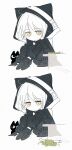  1boy animal_ears arknights black_cape black_cat black_gloves broken_glass cape cat cat_boy cat_ears chibi christine_(arknights) full_body glass gloves highres male_focus phantom_(arknights) pienahenggou short_hair solo vial yellow_eyes 