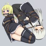  2girls ahoge amano_soraha arms_behind_back assault_lily bangs bdsm black_legwear black_ribbon black_skirt blonde_hair blue_eyes blush bondage bound bound_ankles bound_arms bound_legs bound_thighs bound_together bound_torso bound_wrists brown_eyes buttons clothes_lift commentary_request commission covered_mouth cropped_jacket crotch_rope egawa_kusumi eyebrows_visible_through_hair femuto frilled_skirt frills full_body gag gagged grey_background grey_hair hair_between_eyes high-waist_skirt highres jewelry juliet_sleeves long_hair long_sleeves looking_at_viewer lying miniskirt multiple_girls neck_ribbon no_shoes nose_blush on_side panties pantyhose pixiv_request puffy_sleeves restrained ribbon ring rope school_uniform shibari shibari_over_clothes simple_background skirt skirt_lift thighhighs underwear upskirt white_panties yurigaoka_girls_academy_school_uniform 