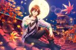  1boy :d animal_print architecture arm_rest bat_print black_footwear black_pants bottle brown_hair building cup earrings east_asian_architecture falling_leaves full_body full_moon game_cg glint grey_eyes hair_between_eyes highres holding holding_bottle holding_cup incoming_drink jacket jewelry knee_up kotobuki_reiji lantern leaf lens_flare light_particles looking_at_viewer male_focus maple_leaf moon night official_art on_roof pants sakazuki shirt short_hair single_earring sitting sky smile solo star_(sky) starry_sky striped striped_shirt tassel tassel_earrings teeth third-party_source two-tone_shirt upper_teeth uta_no_prince-sama uta_no_prince-sama:_shining_live white_jacket white_shirt 