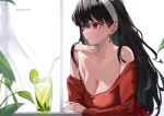  1girl bangs bare_shoulders black_hair breasts chinese_commentary cleavage closed_mouth collarbone commentary_request cup drinking_glass drinking_straw earrings elbow_rest english_text expressionless food fruit gold_earrings hair_between_eyes hair_down hairband head_rest highres ice ice_cube jewelry large_breasts leaf lime_(fruit) lime_slice long_hair looking_ahead mixed-language_commentary mumu_mago off-shoulder_sweater off_shoulder partial_commentary red_eyes sitting solo spy_x_family sweater table twitter_username upper_body white_hairband yor_briar 