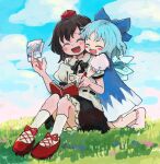  2girls :d ^_^ bangs black_hair black_ribbon blue_bow blue_dress blue_hair blush book bow cirno closed_eyes cloud cloudy_sky collared_shirt commentary commission dress eyebrows_visible_through_hair footwear_ribbon grass hair_bow hat holding hug hug_from_behind ice ice_wings leaning_on_person marker multiple_girls neck_ribbon picture_(object) puffy_short_sleeves puffy_sleeves red_footwear red_headwear red_ribbon ribbon ribbon_trim rome35793562 shameimaru_aya shirt shoes short_hair short_sleeves sitting skeb_commission sky smile tokin_hat touhou v white_legwear white_shirt wings 