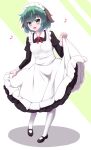  1girl :d alternate_costume apron bangs black_footwear commentary_request eyebrows_visible_through_hair full_body green_eyes green_hair highres juliet_sleeves kasodani_kyouko long_sleeves looking_at_viewer maid maid_apron maid_headdress musical_note open_mouth pantyhose puffy_sleeves short_hair sivamaron smile solo striped striped_background touhou white_legwear 