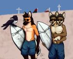  anthro beach bottomwear canid canine canis clothing coyote coyote-only duo eyewear male mammal maned_wolf multi_arm multi_head multi_limb outside polydactyly seaside shorts sunglasses surfboard 