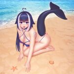  1girl :3 :d absurdres ahoge ass bangs bare_arms bare_legs bare_shoulders barefoot beach bikini blue_hair blush breasts cetacean_tail collar commentary english_commentary eyebrows_visible_through_hair facial_hair fangs full_body hair_between_eyes heart_ahoge highres indie_virtual_youtuber large_breasts long_hair looking_at_viewer multicolored_hair open_mouth orca_girl purple_eyes sand seashell seiza shell shylily sitting smile solo starfish swimsuit tattoo virtual_youtuber water white_hair wlper 