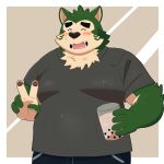  2022 anthro belly big_belly black_nose blush canid canine canis clothing cute_fangs domestic_dog eyes_closed green_body hi_res humanoid_hands kemono lifewonders live-a-hero male mammal mokdai overweight overweight_male shirt solo topwear video_games yaki_atsuage 