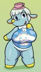  2022 absurd_res animal_crossing anthro big_breasts blue_body blue_eyes blue_skin bottomless bottomless_anthro bottomless_female breasts clothed clothing container cup curvy_figure digital_media_(artwork) elephant elephantid eyelashes featureless_crotch female green_background grey_hair hair hi_res looking_at_viewer mammal nintendo proboscidean short_hair simple_background smile solo someth1ngoranother standing tea_cup tongue trunk video_games voluptuous 