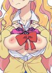  1girl blonde_hair bow bra bra_lift breasts breasts_out galko head_out_of_frame highres long_hair morisobo nipples oshiete!_galko-chan red_bow simple_background solo underwear white_background 