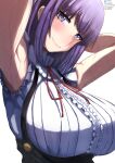  1girl absurdres armpits arms_up artist_name bangs black_skirt blush breasts collar dagashi_kashi english_commentary eyebrows_visible_through_hair frilled_collar frilled_shirt frilled_sleeves frills head_tilt highres large_breasts looking_at_viewer medium_hair mixed-language_commentary paid_reward_available purple_eyes purple_hair red_ribbon ribbon shadow shidare_hotaru shiny shiny_hair shiny_skin shirt short_sleeves simple_background skirt smile solo suspender_skirt suspenders sweat tomodachi_(tomofanart) upper_body white_background 