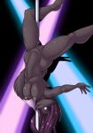  2016 4_fingers anthro avencri black_body black_fur black_nose breasts canid canine dancing exhibitionism female fingers fox fur genitals hair hanging_breasts hi_res humanoid_hands mammal mirasuke_inhara navel nipples nude pole pole_dancing pubes public public_nudity purple_eyes purple_hair pussy smile solo stripper stripper_pole the_servant_omen upside_down upstairstudios 