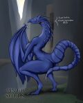  absurd_res anthro arttukorppu biped blue_body blue_scales blush breasts butt clawed_feet crouching dark_souls dialogue dragon female fromsoftware hi_res horn looking_at_viewer looking_back nude outside raised_tail scales scalie smile solo text thick_thighs tongue tongue_out video_games winged_arms wings 