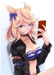  1girl animal_ears bandeau bangs black_choker black_jacket blonde_hair blue_bow blue_eyes bow breasts choker cleavage commentary_request eyebrows_visible_through_hair gold_city_(umamusume) hair_bow hand_up holding horse_ears jacket large_breasts long_hair long_sleeves looking_at_viewer midriff nagato_tamakichi nail_polish navel open_clothes open_jacket revision sitting solo stomach strapless striped_bandeau tube_top umamusume upper_body 