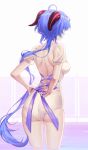  1girl absurdres adjusting_clothes ahoge ass back backless_outfit blue_bow blue_hair blue_ribbon bow dress from_behind ganyu_(genshin_impact) genshin_impact highres horns hyun9164 long_hair partially_submerged purple_eyes ribbon solo standing very_long_hair white_dress 