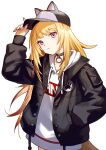  1girl adjusting_clothes adjusting_headwear animal_ears animal_hat black_choker black_jacket blonde_hair choker closed_mouth commentary dog_ears dog_girl dog_hat dog_tail drawstring hat hat_with_ears highres hood hood_down hoodie jacket kmnz long_hair long_sleeves looking_at_viewer mc_lita paw_print pendant_choker purple_eyes red_nails solo tail tsugu0302 upper_body virtual_youtuber white_background white_hoodie 