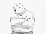  2022 4:3 anthro belly big_belly blush bodily_fluids clothing hi_res humanoid_hands kemono male mammal monochrome overweight overweight_male pommn_mn shirt simple_background solo sweat topwear ursid 