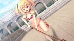  1girl armlet artwhirl_mahou_gakuen_no_otome-tachi bare_arms bare_legs bikini blonde_hair blush breasts broom collarbone dutch_angle fang fish_hair_ornament game_cg gina_(artwhirl) hair_ornament halterneck holding holding_broom long_hair one_eye_closed open_mouth pink_bikini red_eyes red_ribbon ribbon rokushou_kokuu running shiny shiny_hair side-tie_bikini skin_fang small_breasts solo swimsuit twintails underboob 