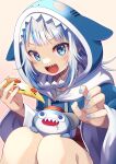  1girl :d animal_hood bangs bloop_(gawr_gura) blue_eyes blue_hair blunt_bangs claw_pose fish_skeleton food gawr_gura highres holding holding_food holding_pizza hololive hololive_english hood hoodie knees_to_chest long_sleeves looking_to_the_side medium_hair multicolored_hair nail_polish open_mouth pizza print_hoodie ryofuhiko shark_girl shark_hood sharp_teeth sitting smile solo streaked_hair teeth v-shaped_eyebrows white_hair 