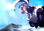  1girl absurdres blue_eyes cloud covered_mouth floating hat highres letty_whiterock looking_at_viewer mountain scarf skirt sky solo touhou ushitsuchi white_hair white_headwear 