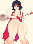  1girl anus apron ass black_hair blue_eyes blush breasts cookie english_commentary food from_behind highres holding holding_tray kill_la_kill looking_back matoi_ryuuko medium_breasts multicolored_hair naked_apron nose_blush onaefruit pussy red_apron red_hair short_hair shoulder_blades sideboob solo spatula streaked_hair sweatdrop thick_thighs thighs tray 