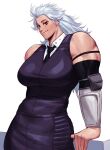  1girl absurdres bare_shoulders black_necktie dorohedoro ear_piercing highres long_hair muscular muscular_female necktie noi_(dorohedoro) piercing red_eyes sleeveless smirk solo sotcho white_hair 