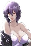  1girl bangs bare_shoulders breasts butcha-u cleavage collarbone eyebrows_visible_through_hair ghost_in_the_shell hair_between_eyes highres jacket kusanagi_motoko large_breasts leotard lips looking_at_viewer open_clothes open_jacket parted_lips purple_hair red_eyes short_hair signature simple_background solo strapless strapless_leotard underwear white_background 