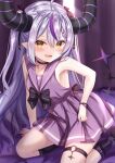  1girl bangs blush collar demon_girl demon_tail eyebrows_visible_through_hair fang highres hololive horns la+_darknesss long_hair looking_at_viewer open_mouth pointy_ears ribbon smile solo striped_horns tail thigh_strap thighhighs twintails virtual_youtuber yuano 